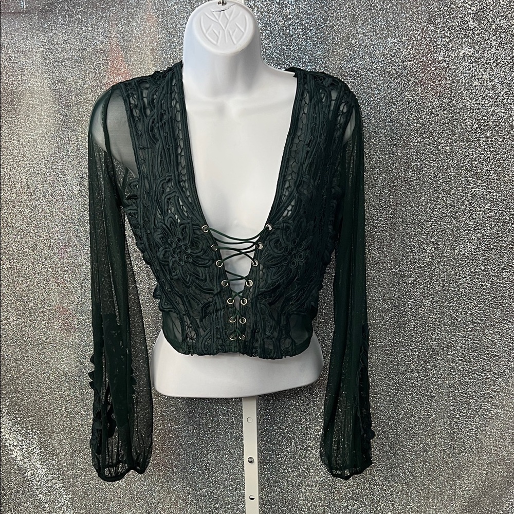 Elegant Lace-Up Sheer Blouse in green $9